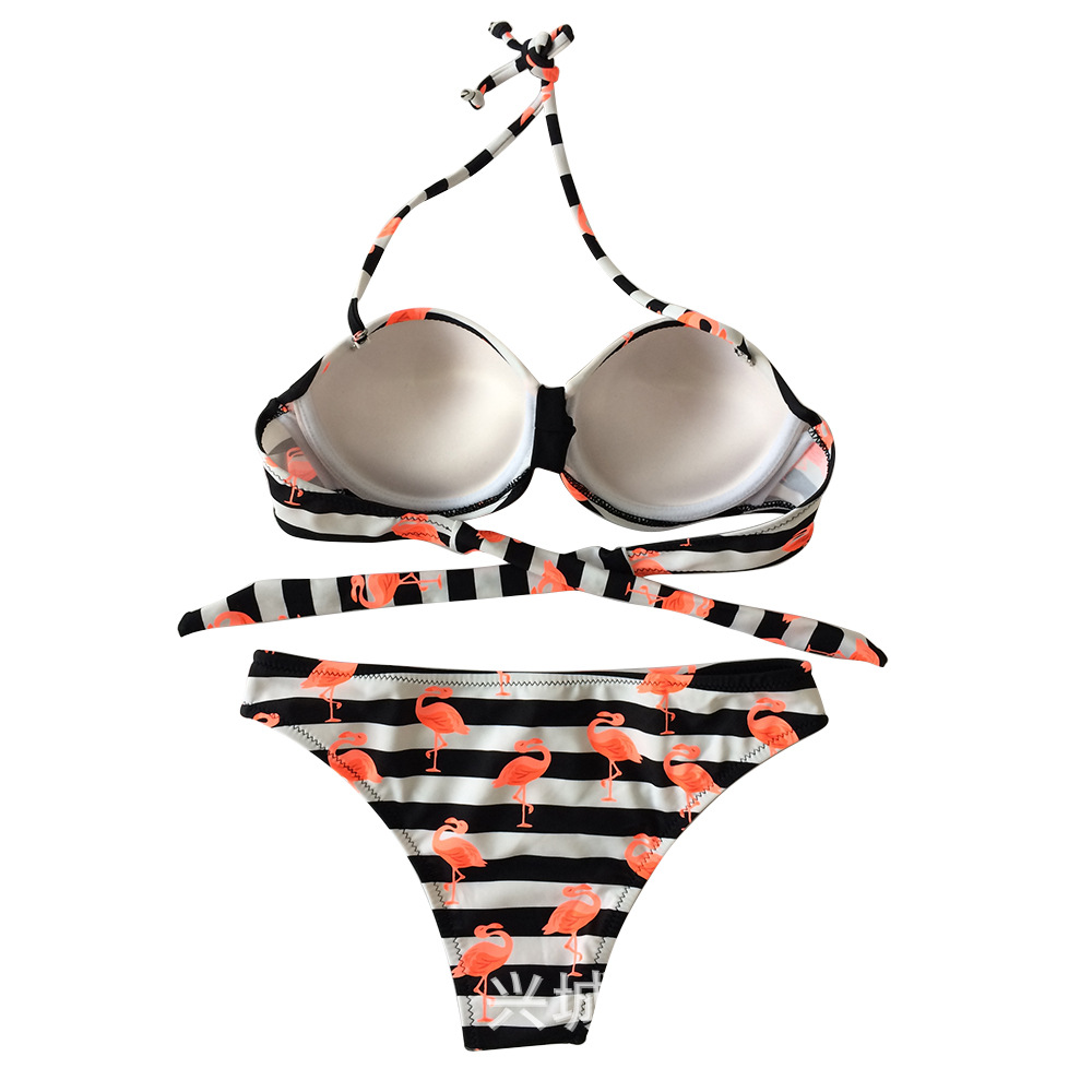 F4675-2Soild Flamingo Strip Print Halter Bikini Set